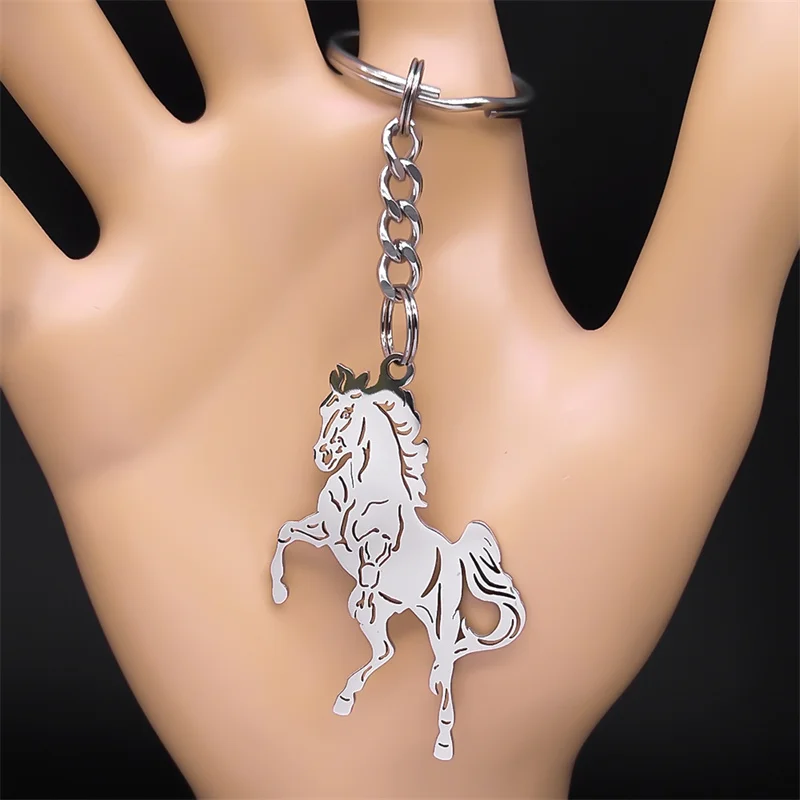 Lucky Horse Keychain for Women Men Stainless Steel Silver Color Animal Keyring Holder Bag Car Accessories Jewelry Gifts K3224S08