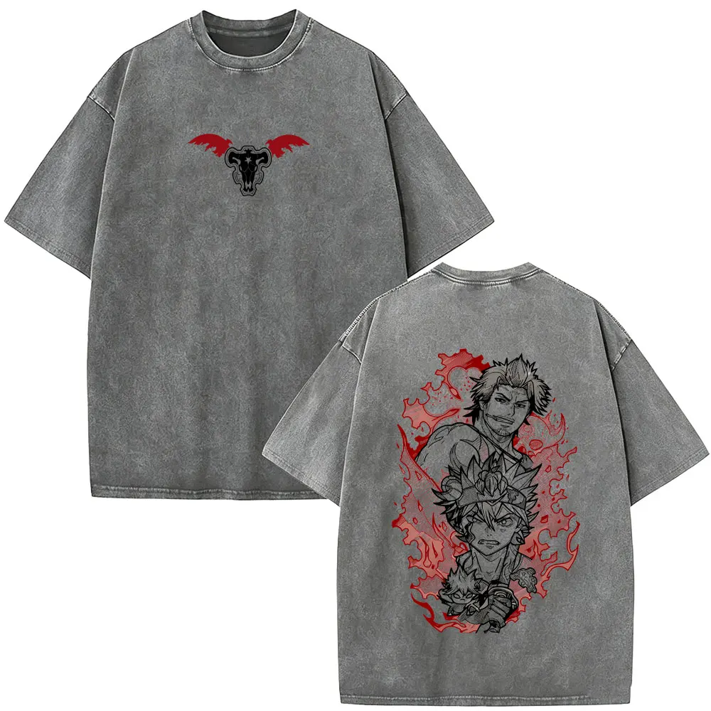Washed Vintage Anime Black Clover Yami Sukehiro Asta Print T-shirt Men Casual Cotton Oversized T Shirt Male Manga Retro T-shirts