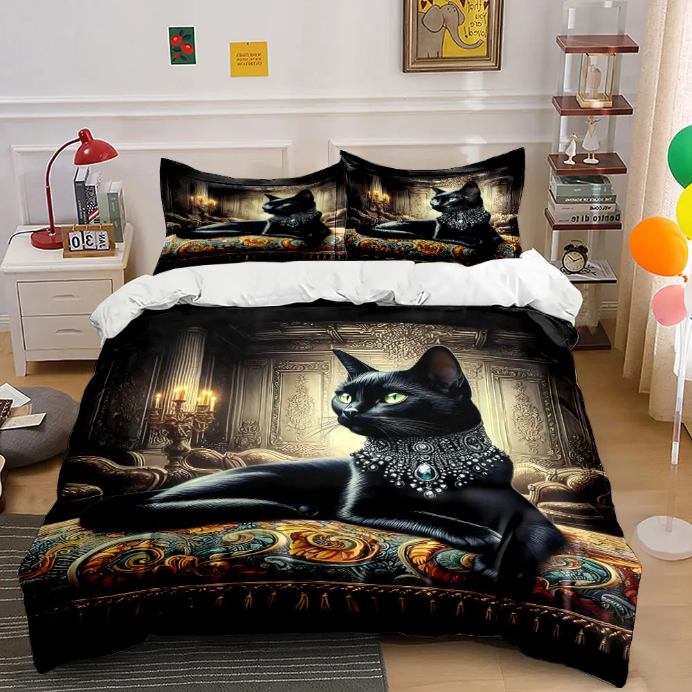 Elegant black cat with luxurious gem necklace Printed Duvet Cover Set1 Duvet Cover+2 PillowcaseMulti Size Bedroom Bedding Decor
