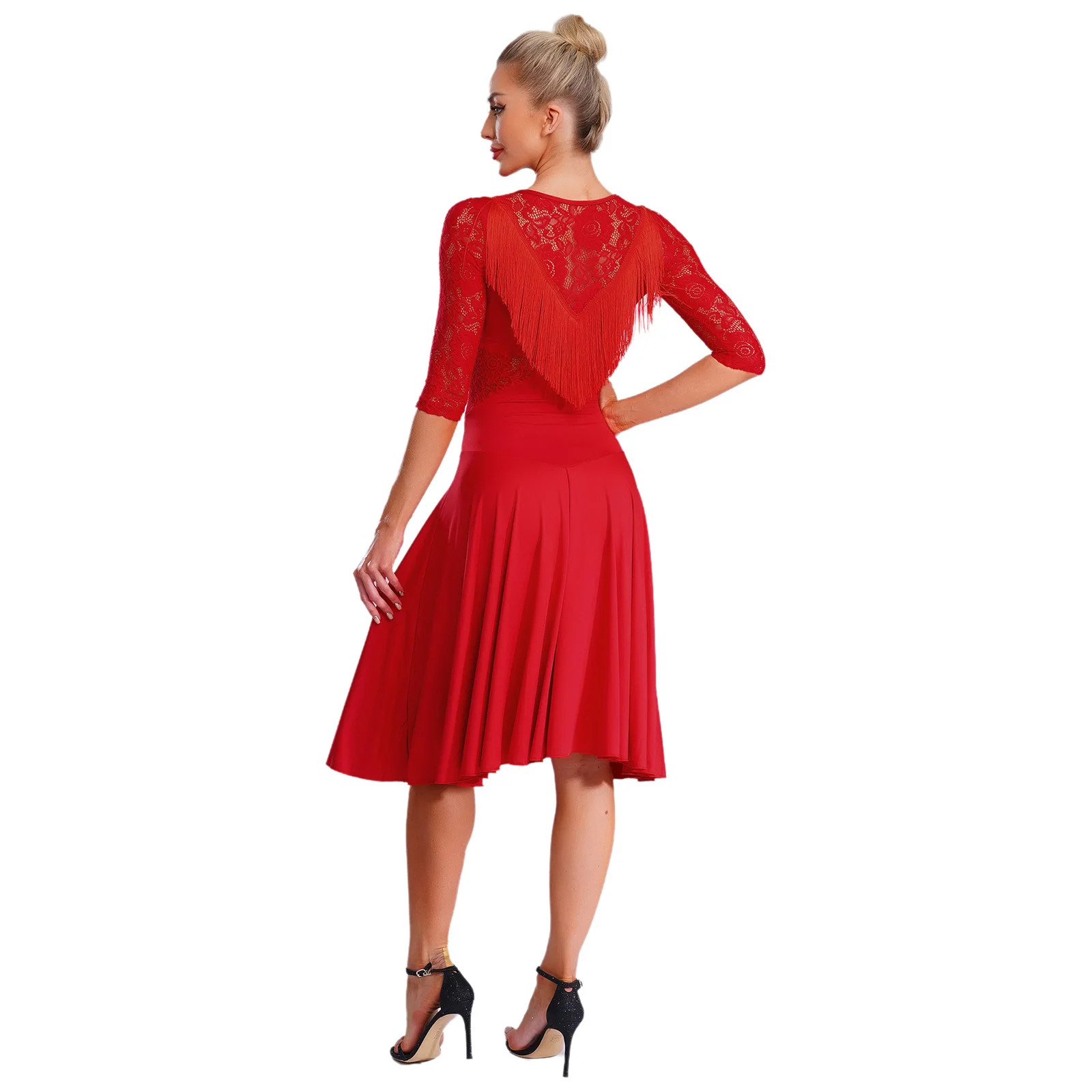 2 Stuks Womens Latin Dans Jurk Sheer Bloemen Kant Flowy Kwastje 3/4 Mouw Swing Jurk + Veiligheid Shorts voor Samba Rumba Tango Dans