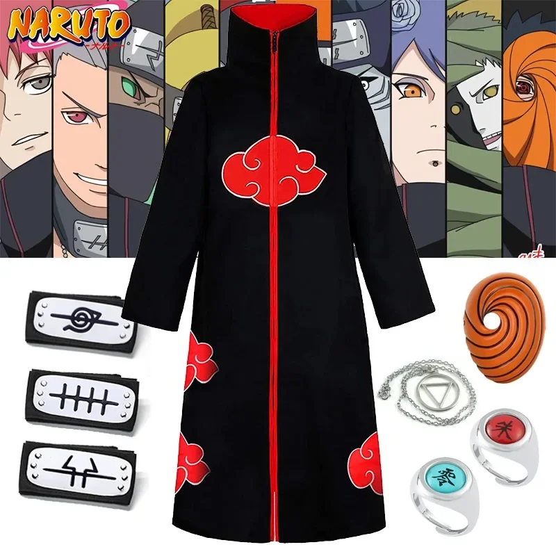 Naruto Akatsuki Cosplay Clothing Cos Props Costumes Set Headbands Ring Necklace Mask Uchiha Itachi Tobi Adult Child Size Gifts