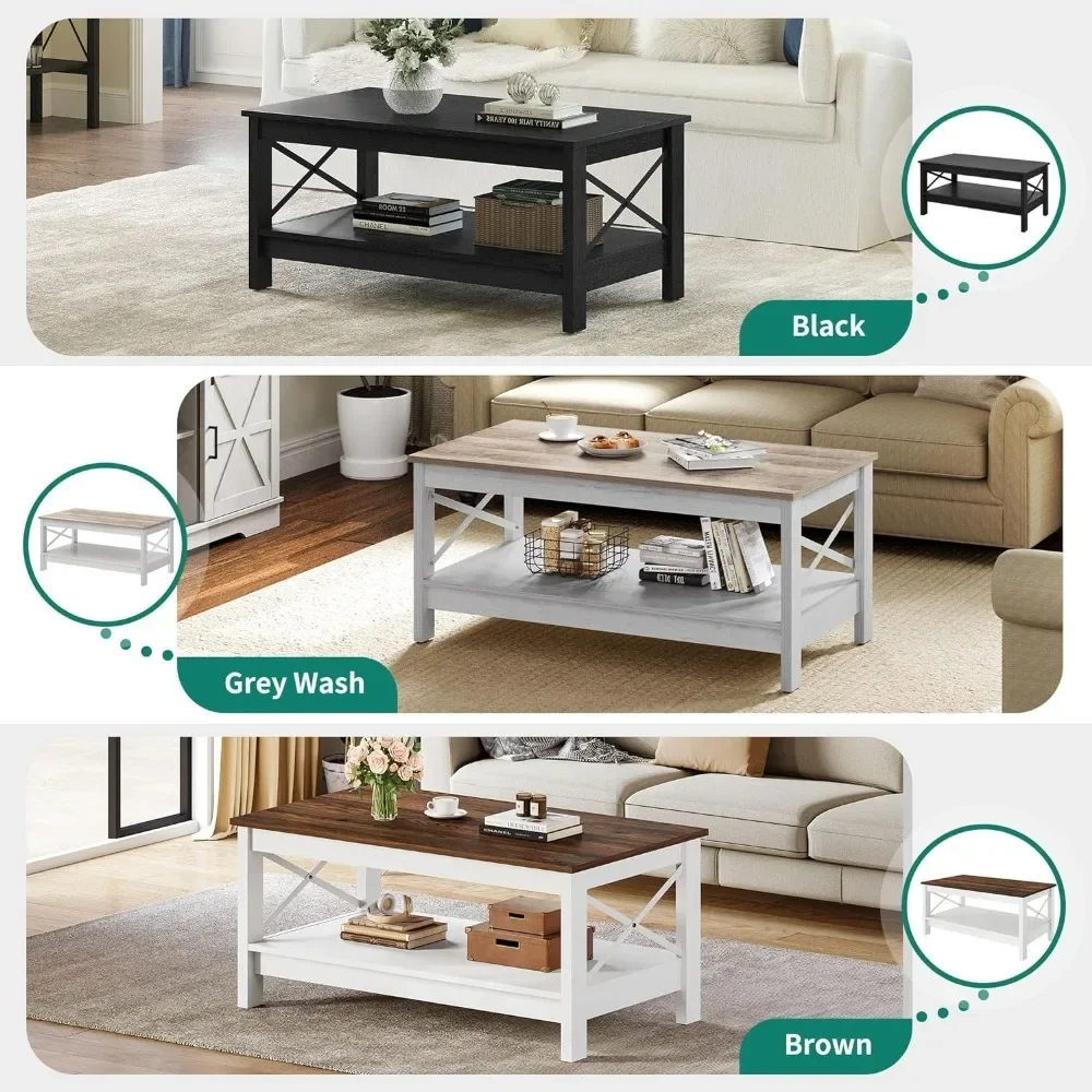 Modern Farmhouse Coffee Table com Armazenamento, Estrutura resistente, Mesa De Sala De Estar De Madeira, Lavagem Cinza, 2 Chão