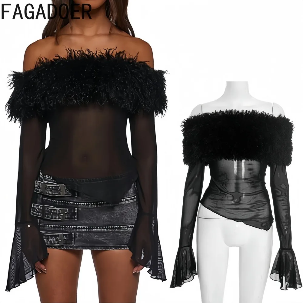 

FAGADOER Sexy Mesh Fur Patchwork Bodycon T-shirt Woman Off Showlder See Through Lotus Sleeve Tshirt Female Streetwear Clothing