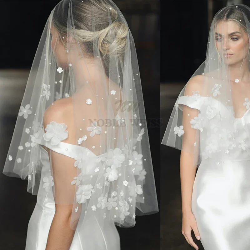 Voile de Mariage à Une Couche, Fleurs 3D, en Tulle, pour Patients, avec Perles, Court, Personnalisé