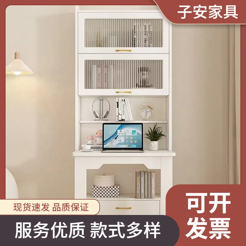 Schreibtisch-Bücherregal, integrierter Schlafzimmer-Klappschreibtisch, einteiliger Schreibtischschrank, Haushalts-Studiertisch, cremefarben, aus Massivholz