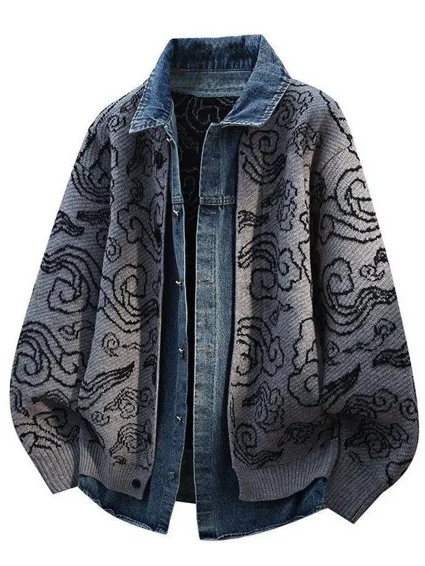 

Мужской кардиган из трикотажа и денима с отложным воротником, свободного кроя, для зимы, повседневный, из полиэфирного волокна