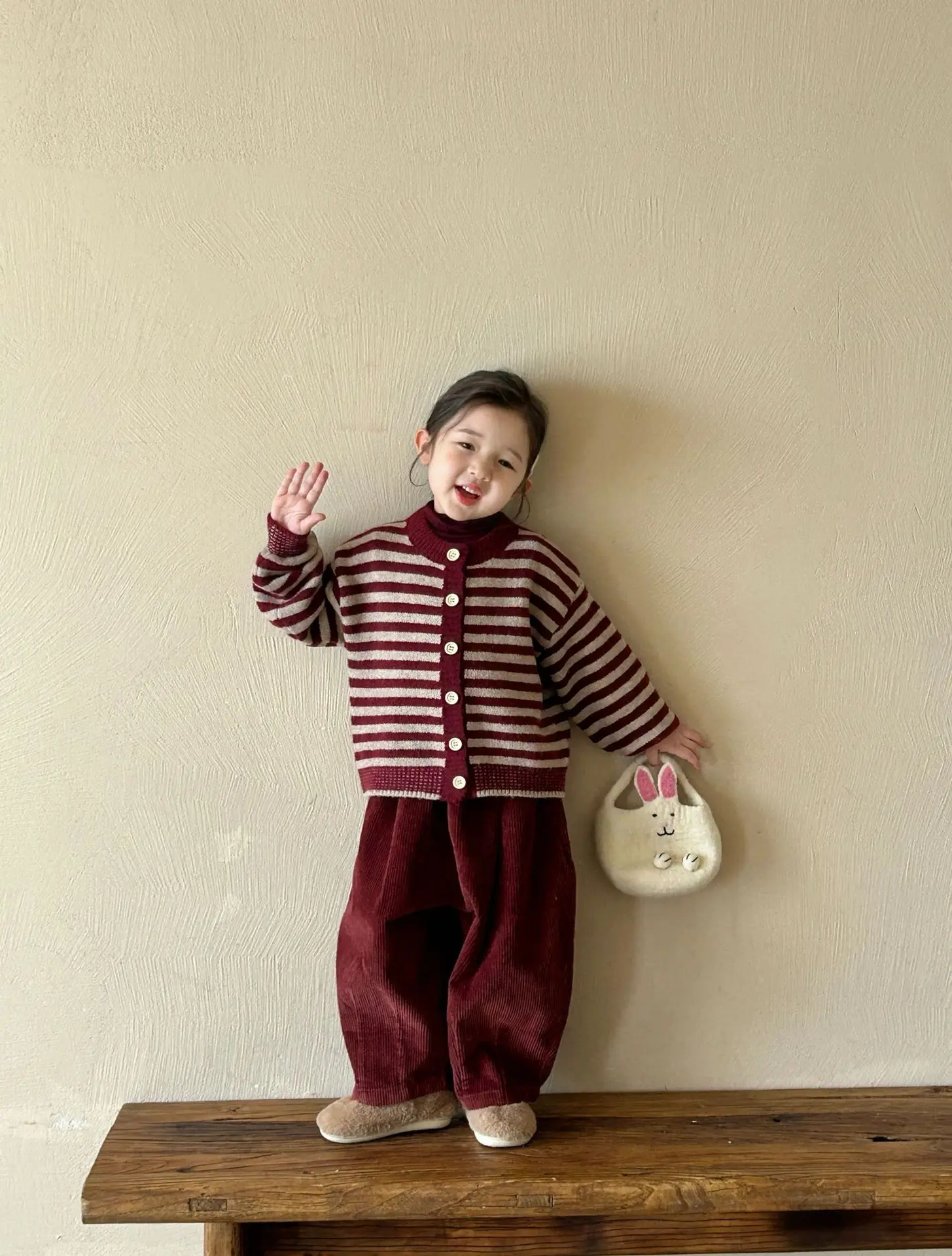 Baby Girls Sets Fashion Red Striped Knitted Cardigan Sweater Corduroy Pants 2024 Autumn New Korean Style Kids