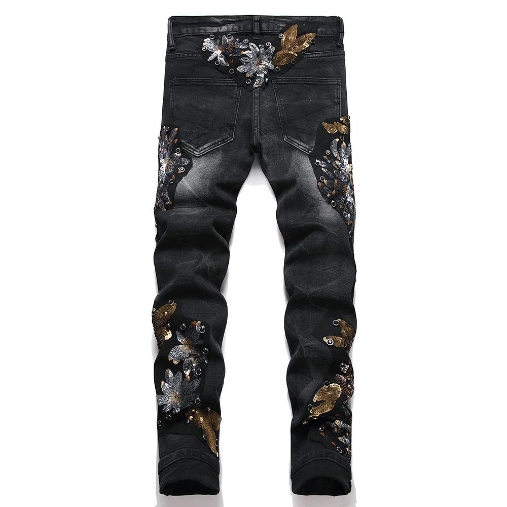 Men Punk Rivet Crystal Denim Jeans Black Skinny Tapered Pants Sequins Embroidery Patch Trousers