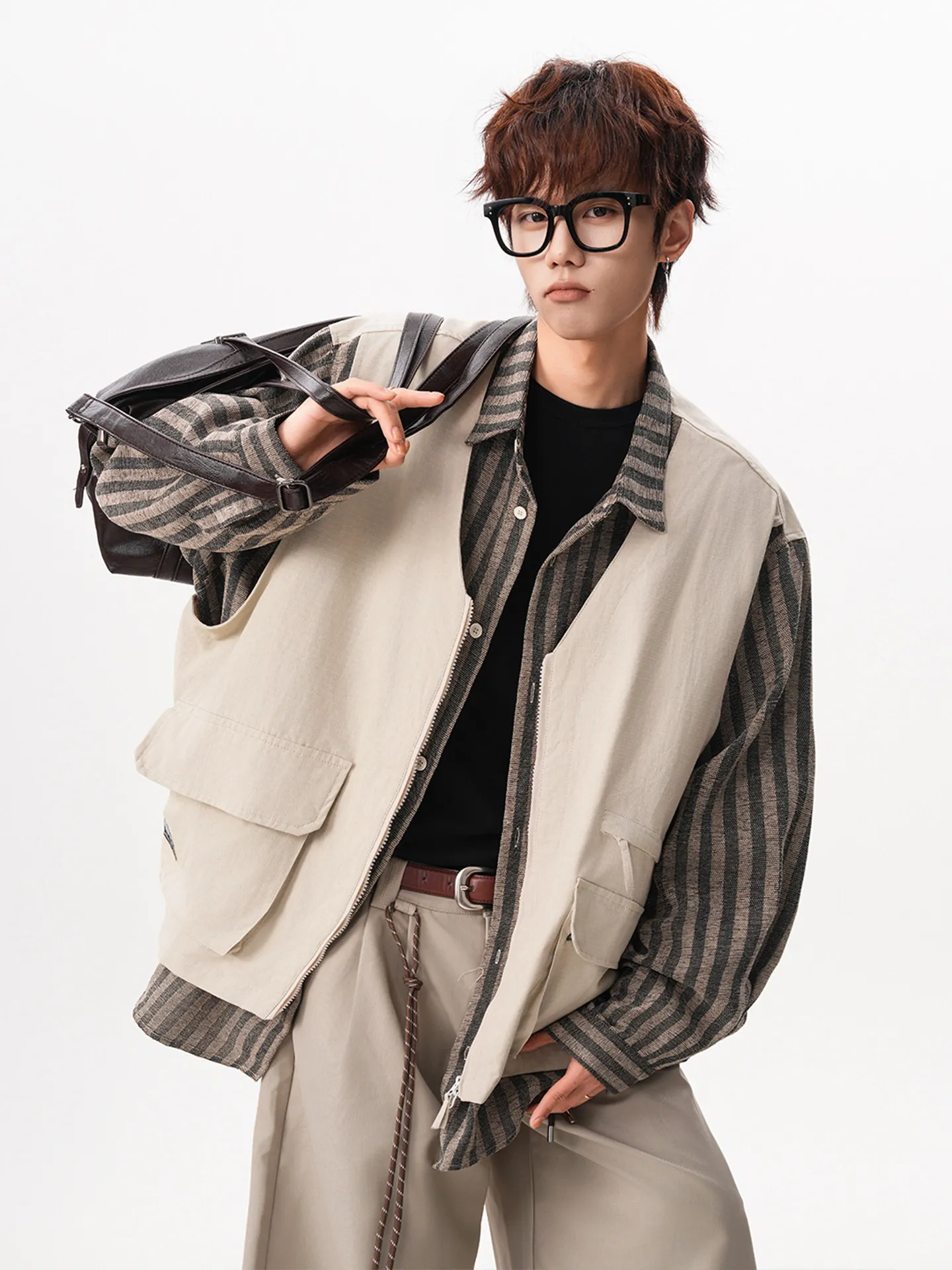 Spring Autumn Vintage Fake Two-Piece Black Shirt for Men with Design Sense Casual and High-End Khaki Vest Patchwork Shirt