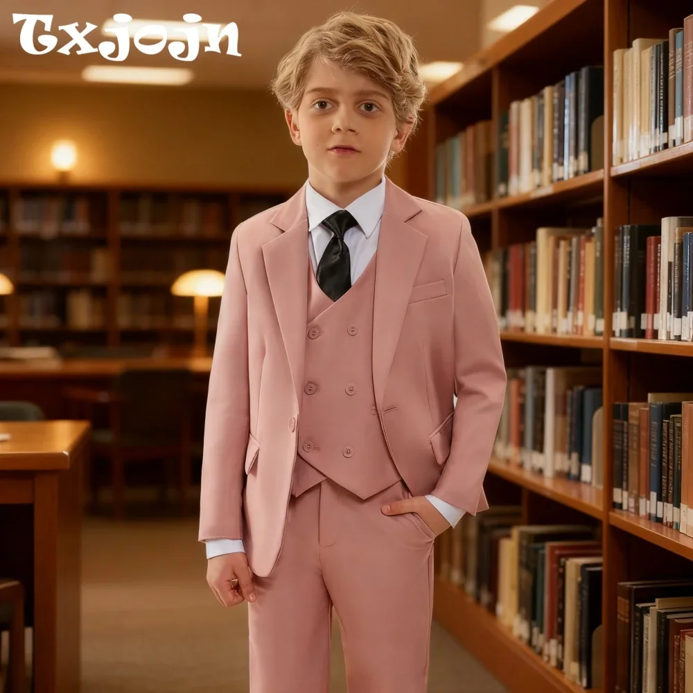 Pink Smart Boys Suits 4 Pieces Wedding Guest Clothes Fast Delivery Kids Slim Fit Suit Set Banquet Party Tuxedo Plus Size