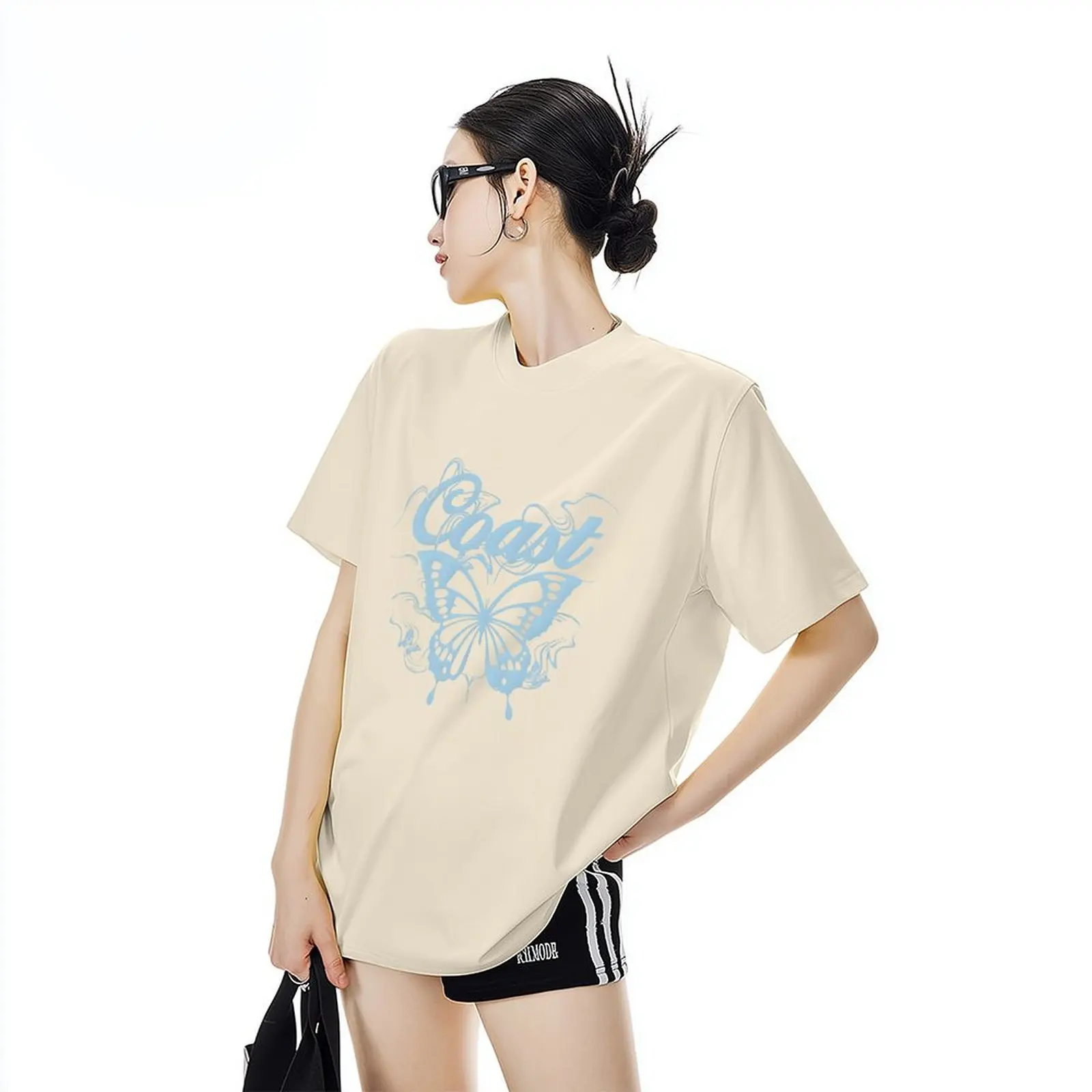 

90s T Shirt Paris Women Butterfly Print T-shirt Short Sleeve Crew Neck Casual Top For Summer Spring Tops Korean Women's Clothing