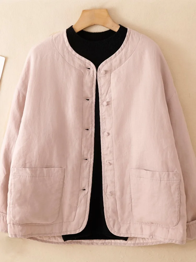 High-End Simple Pure Color Linen Cotton Jacket Women Winter Thickened Home Clothes Open Cardigan No Collar Casual Style