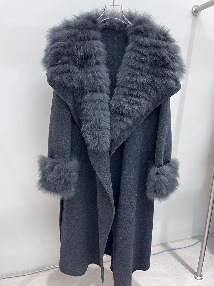 2025 New Women Winter Jacket Natural Fox Fur Collar Long Wool Woolen Coat Ladies Outerwear Streetwear
