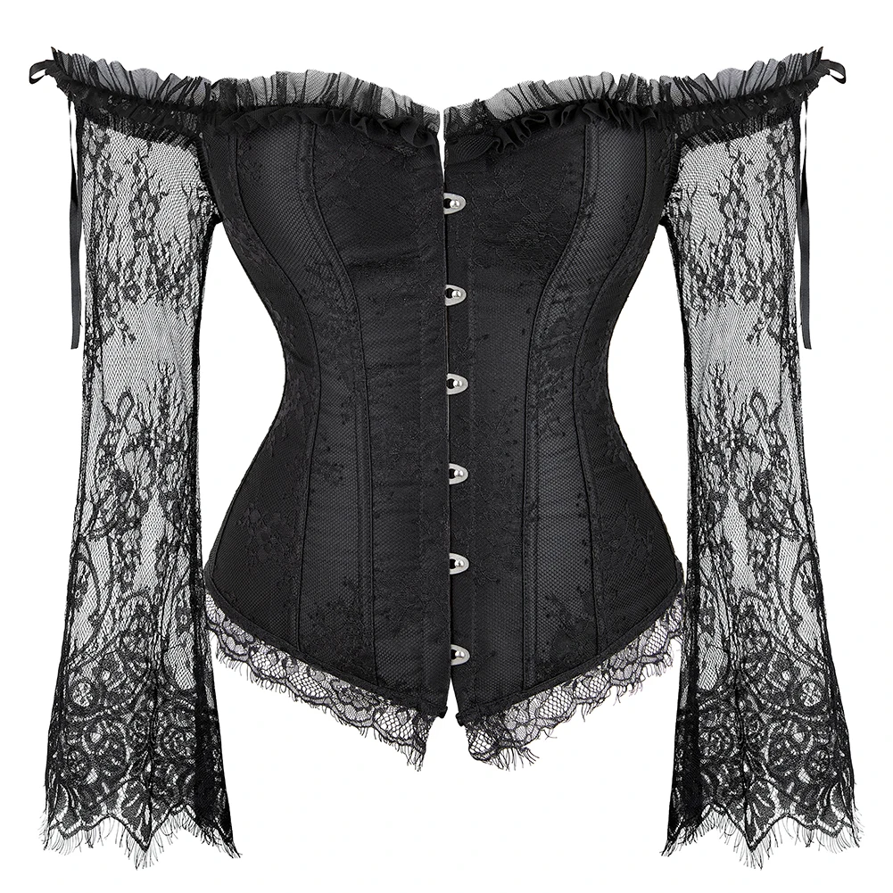 Long Floral Sleeves Women Gothic Victorian Corset Vintage Lace Up Boned Bustier Top Off Shoulder Overbust Corset