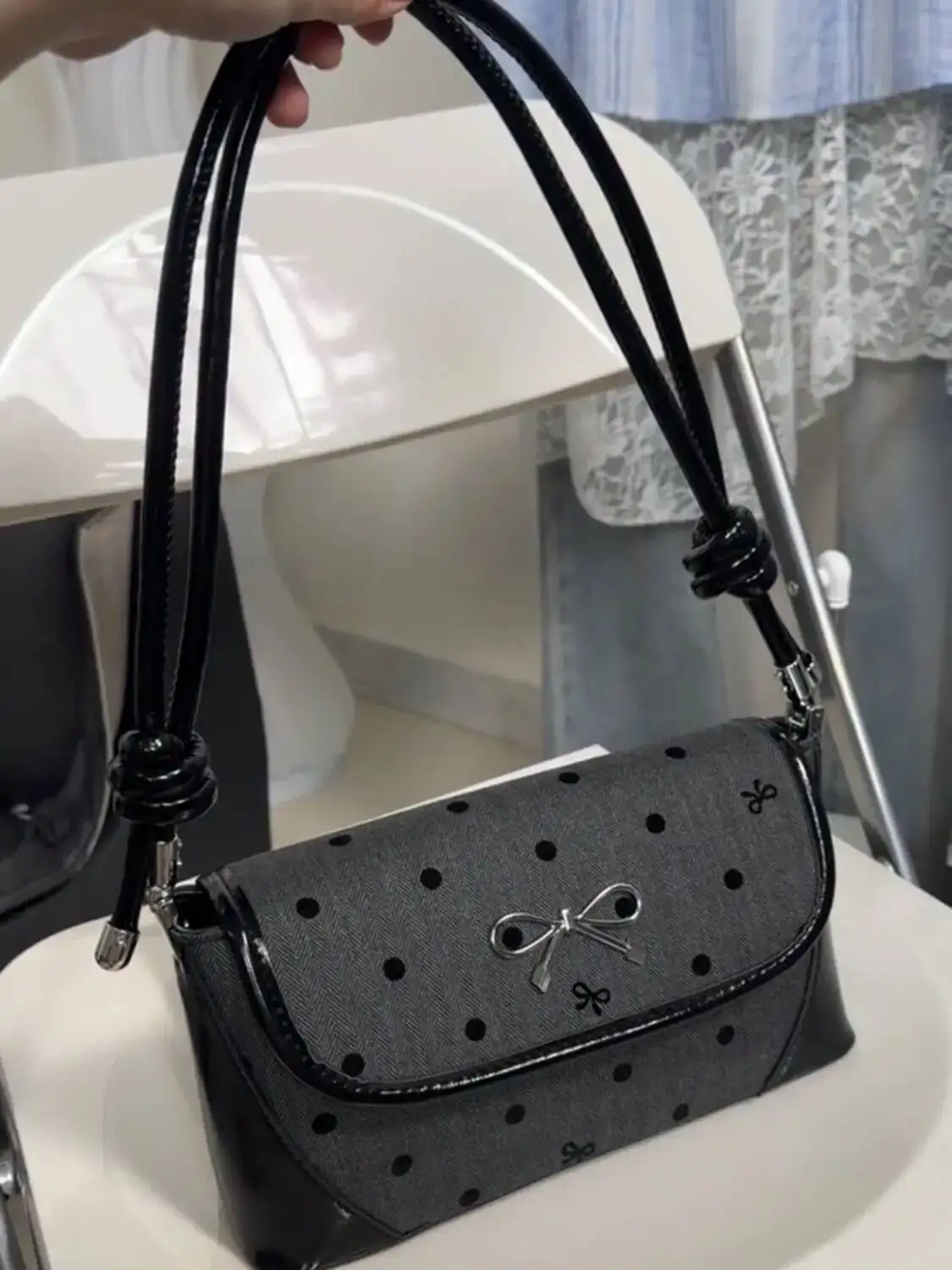 Bloom Sweet Cool Bow Black Underarm Bag Purse Women Fairycore Aesthetic Dot Y2k Shoulder Bags Ladies Haruku Square Handbag