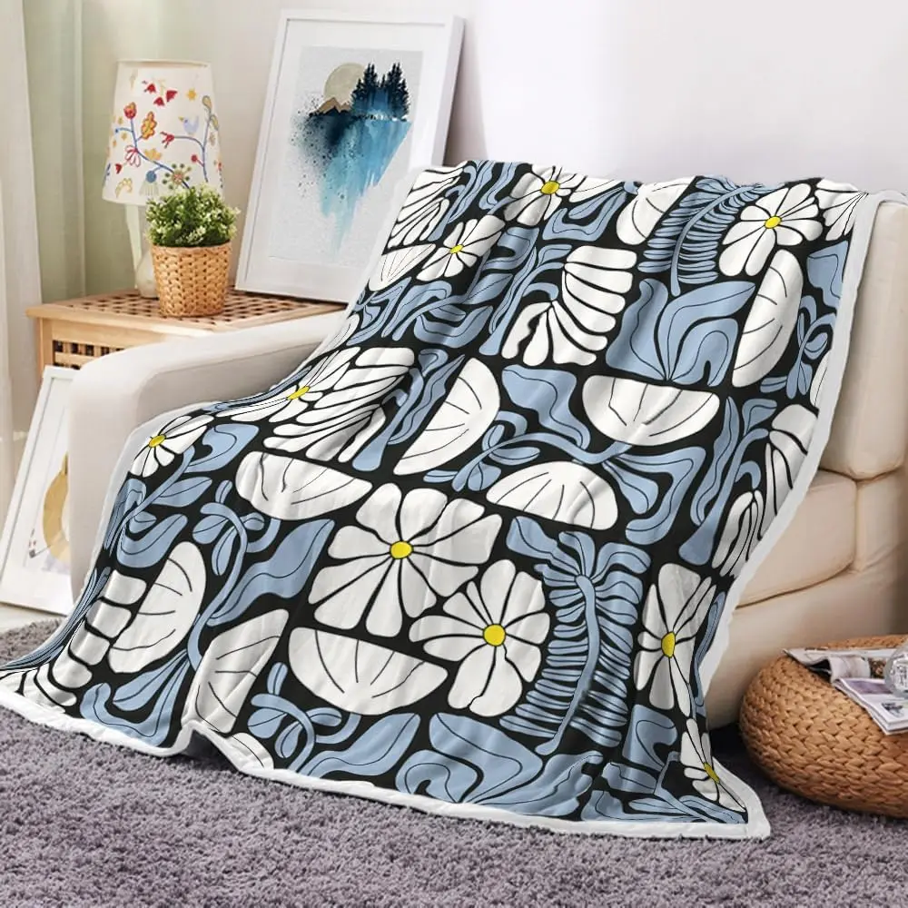 Stylish Black Base Floral Leaf Line Creative Painting Print Cozy Warm Blanket Boys Man Room Couch Unique Household Warm Ornament