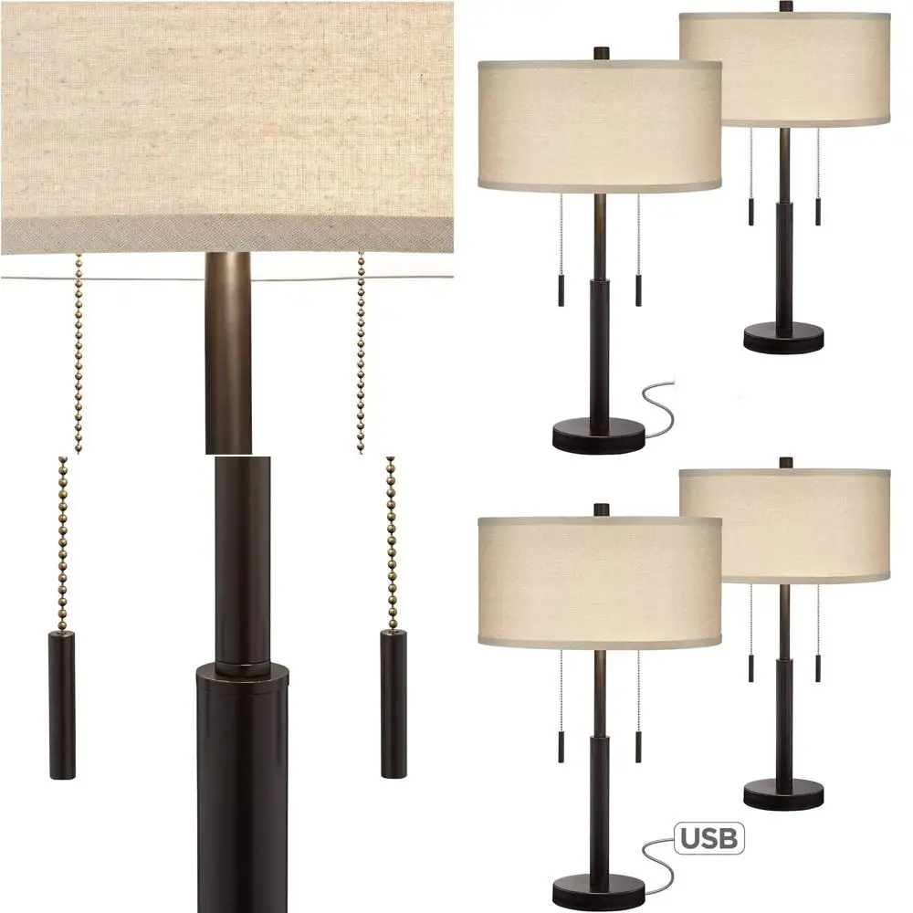 

Набор из 2 промышленных настольных ламп 25 High Nightstand с USB-портом для зарядки, с абажуром из ткани в форме барабана, цвета насыщенная бронза, для гостиной, D