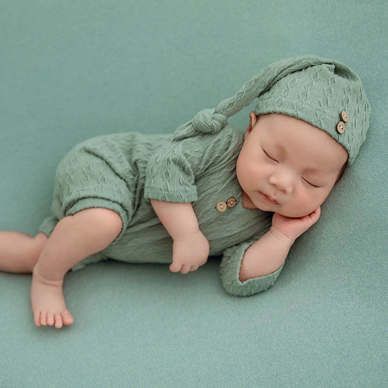 2 Pcs/Set Baby Hat Romper Newborn Photography Knitted Clothes 0-1m Baby Green Texture Outfit Square Stool Decoration Carpet Prop