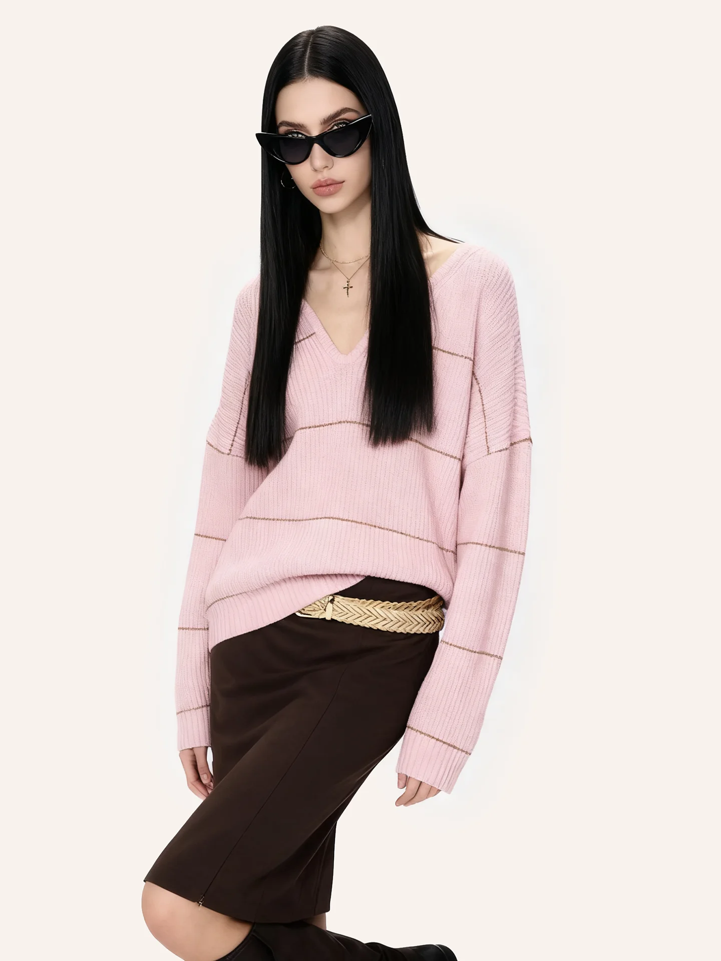 

Женский свитер JYOOK с цветными полосками и V-образным вырезом, розовый, осенний, повседневный, синий, для работы, длинный рукав, стандартный крой...