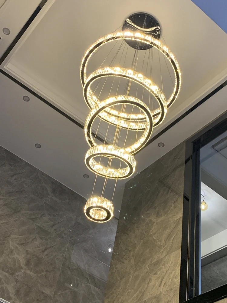 

Modern LED Staircase Pendant Lights Indoor Ring Gloss Lighting Fixtures Customizable Luxury Crystal Suspended Ceiling Chandelier