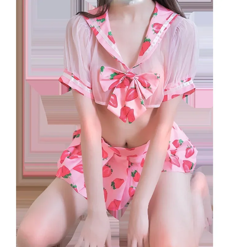 Lindo vestido de marinero Lolita con estampado de fresa, disfraces eróticos, uniforme de niña escolar, conjunto de lencería Sexy Kawaii, ropa interior