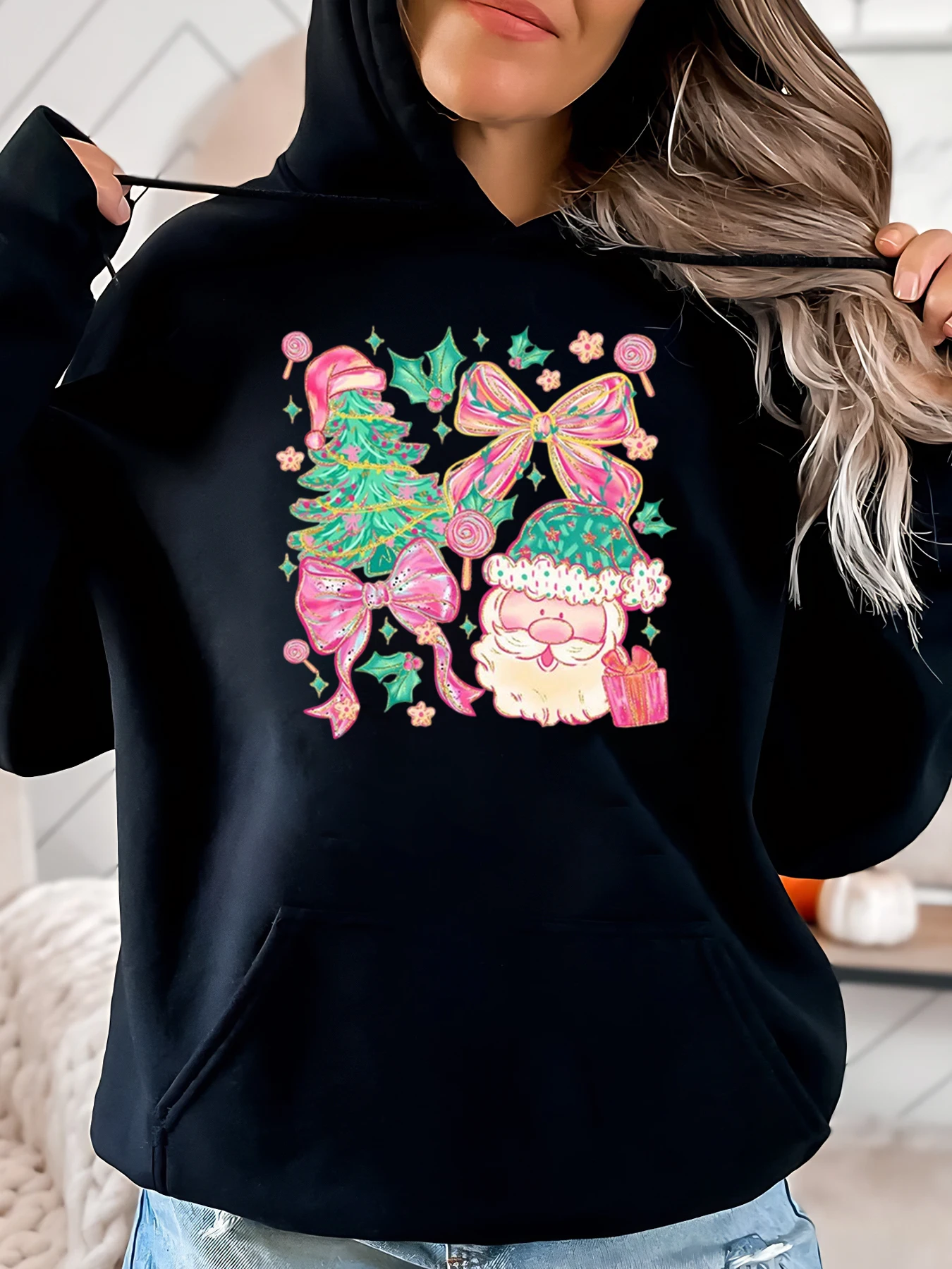 

Рождественская елка с бантом Санта-Клауса, рождественская толстовка с капюшоном, женская повседневная одежда, праздничный наряд, черный, больших размеров