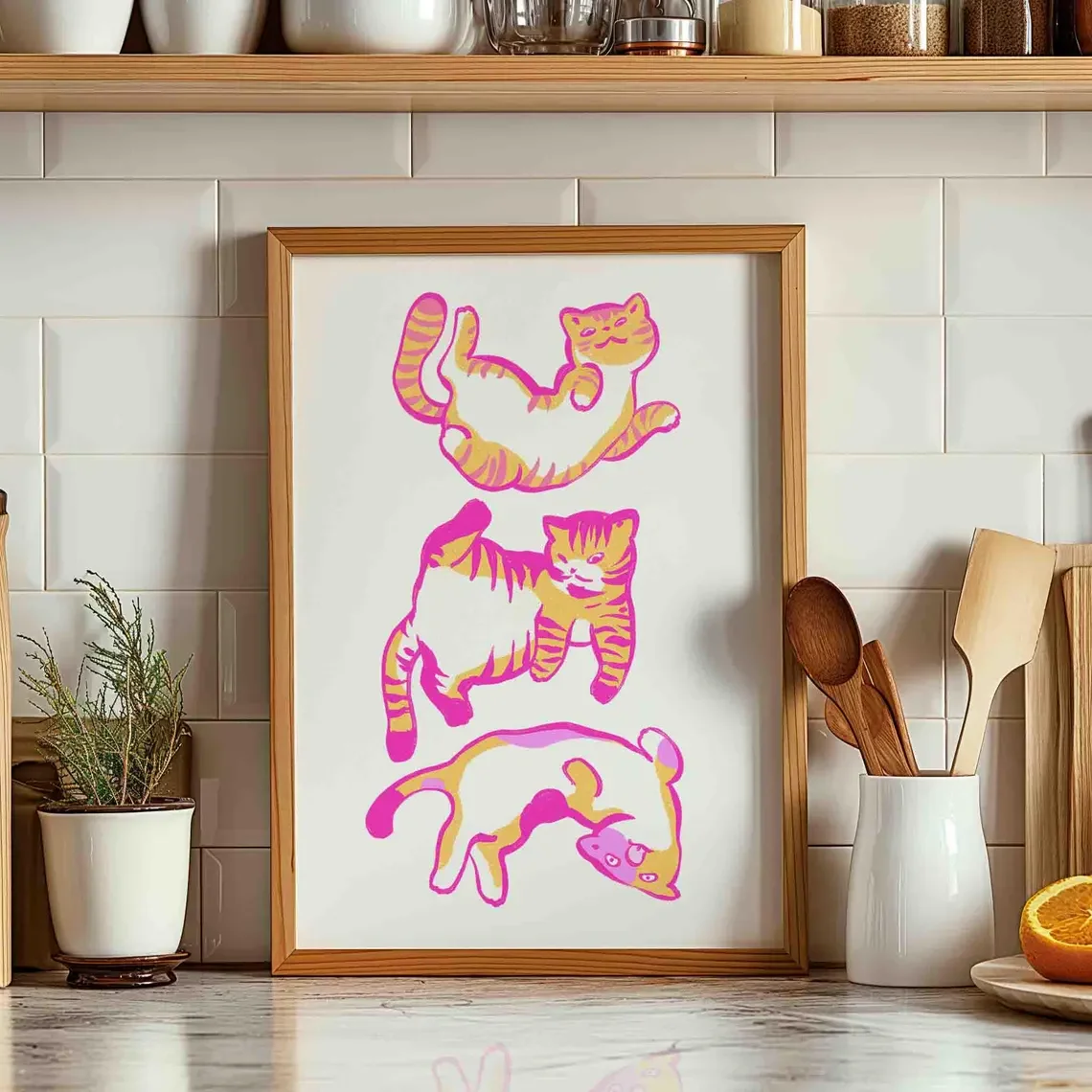 Katzen-Wandkunstdruck, Katzenposter in Rosa und Orange, Niedliche Kätzchen-Illustration, Geschenk für Katzenliebhaber, Dopamin-Ungerahmter Druck, C