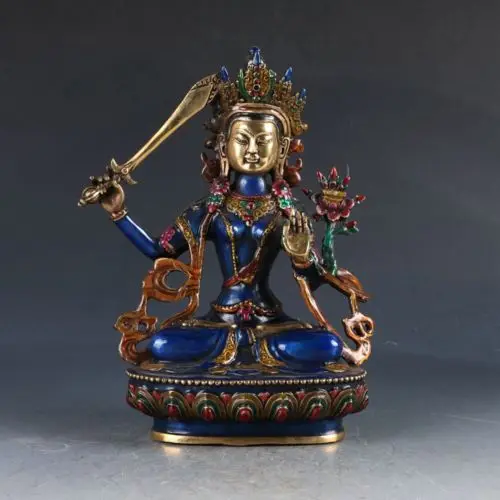Cloisonne Handwork Manjushri sutra Prajnaparamita Bodhisattva Old Copper Statue