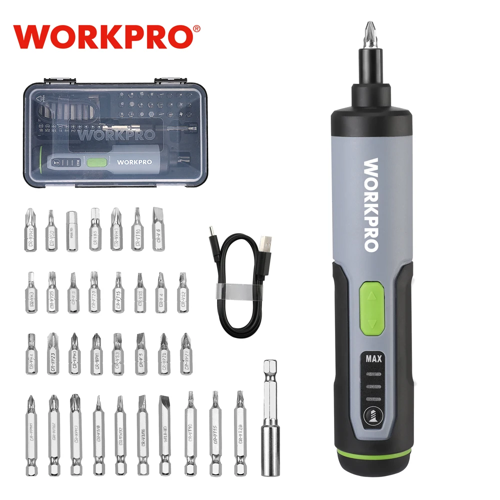 workpro 36v kit chave de fenda eletrica sem fio usb bateria de ioes de litio recarregavel levou luz de trabalho 01