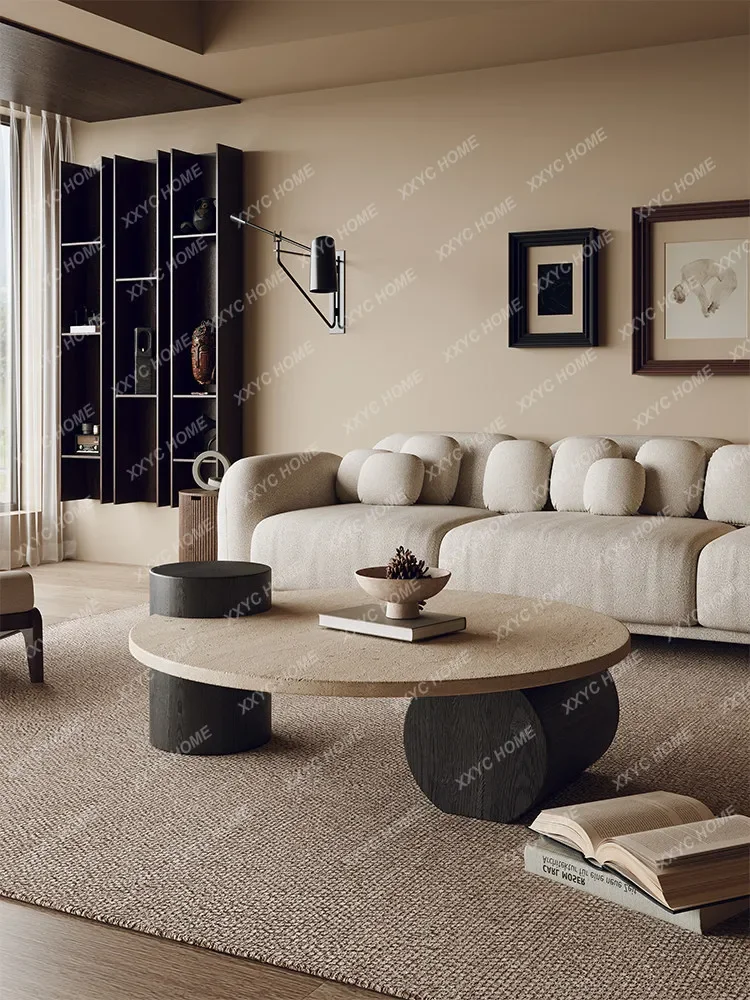 

Natural travertine coffee table living room household light luxury high-end round tea table