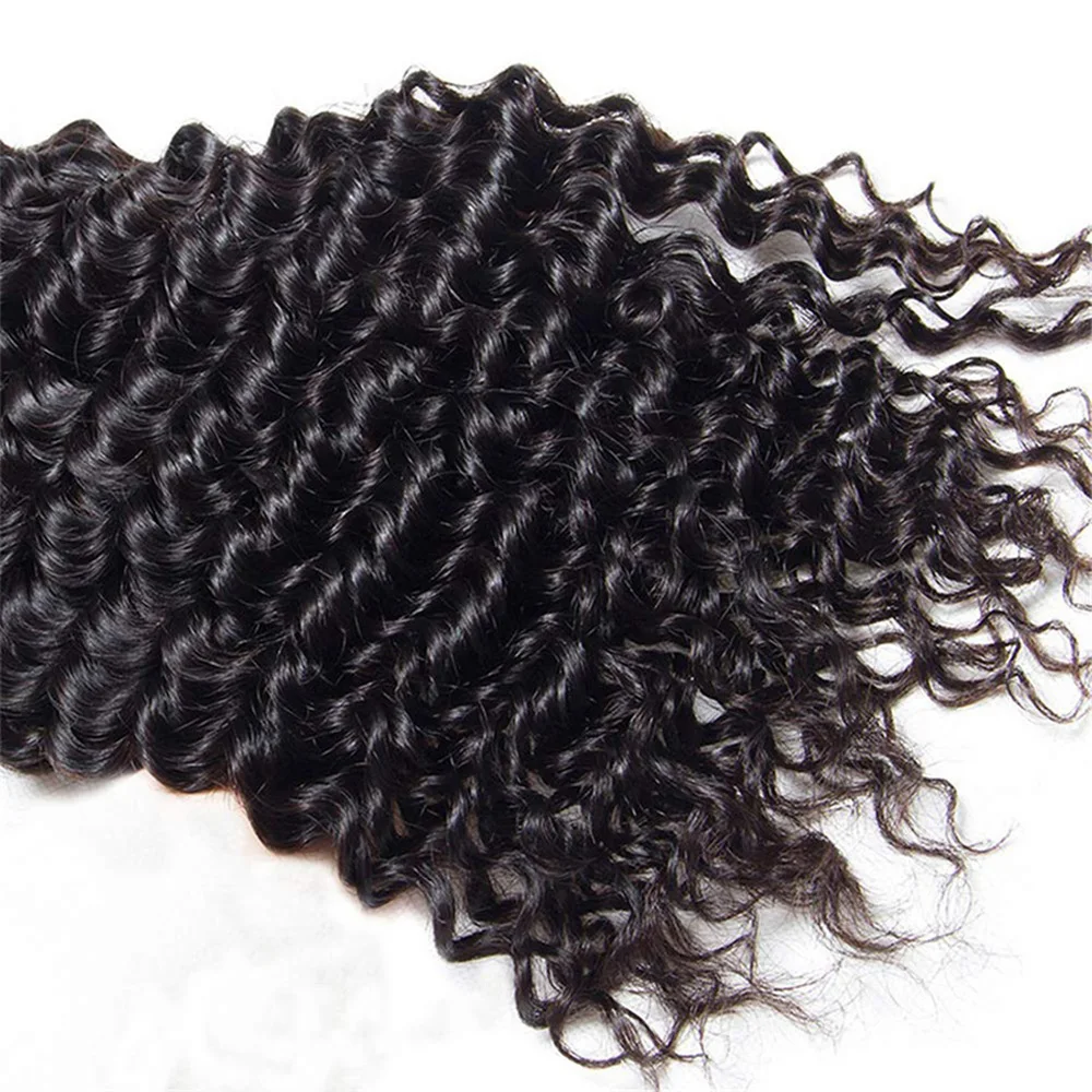 QIYING Deep Wave Bundles With 4x4 Lace Closure 12A 100% Virgin Human Hair Weave Extensions Free Part Natural Black Double Weft Curly Human Hair Bundles With Closure Local In Stock Fast Shipping For Women