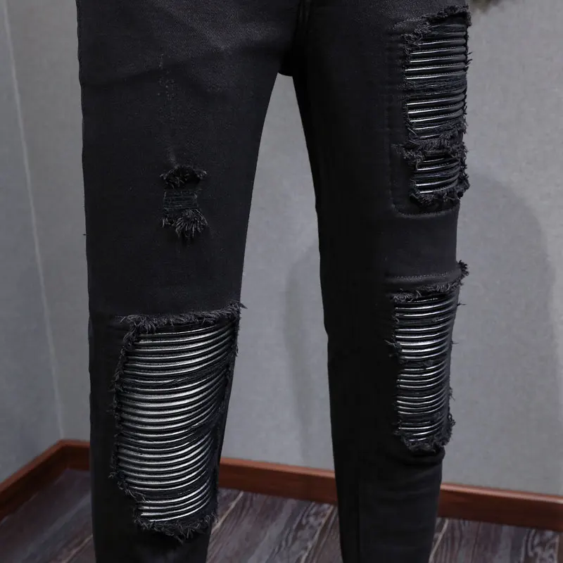 

Y2K fashion new black men's jeans washed nostalgic perforated black leather patch deep jeans hip-hop brand spliced pants