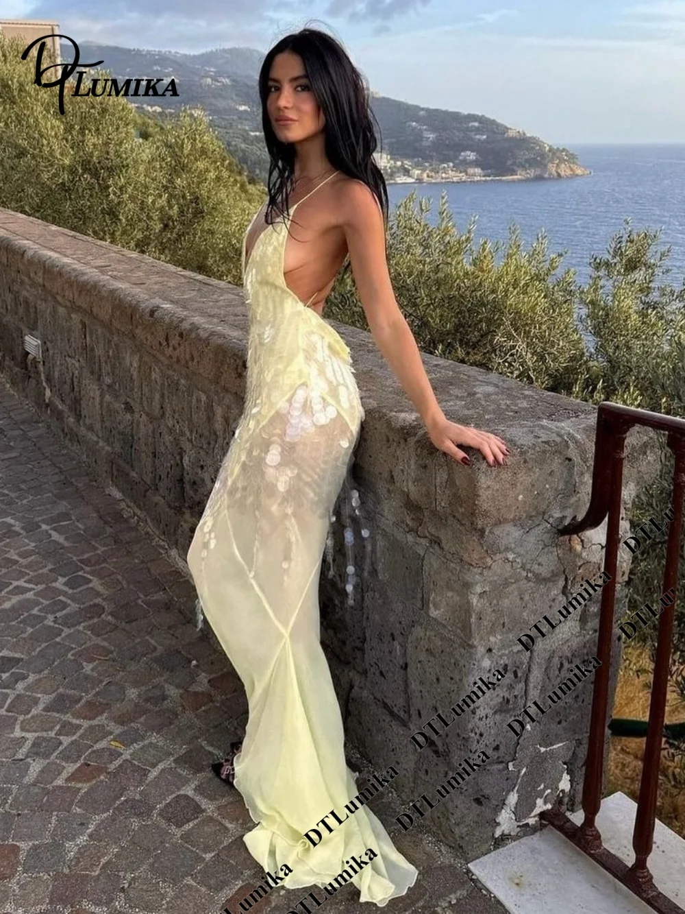 DTLumika Pale Yellow Sequin Slip Maxi Party Dress Beach Holiday Dresses for Women Spaghetti Straps Long Sheath Vacation Gowns view 3
