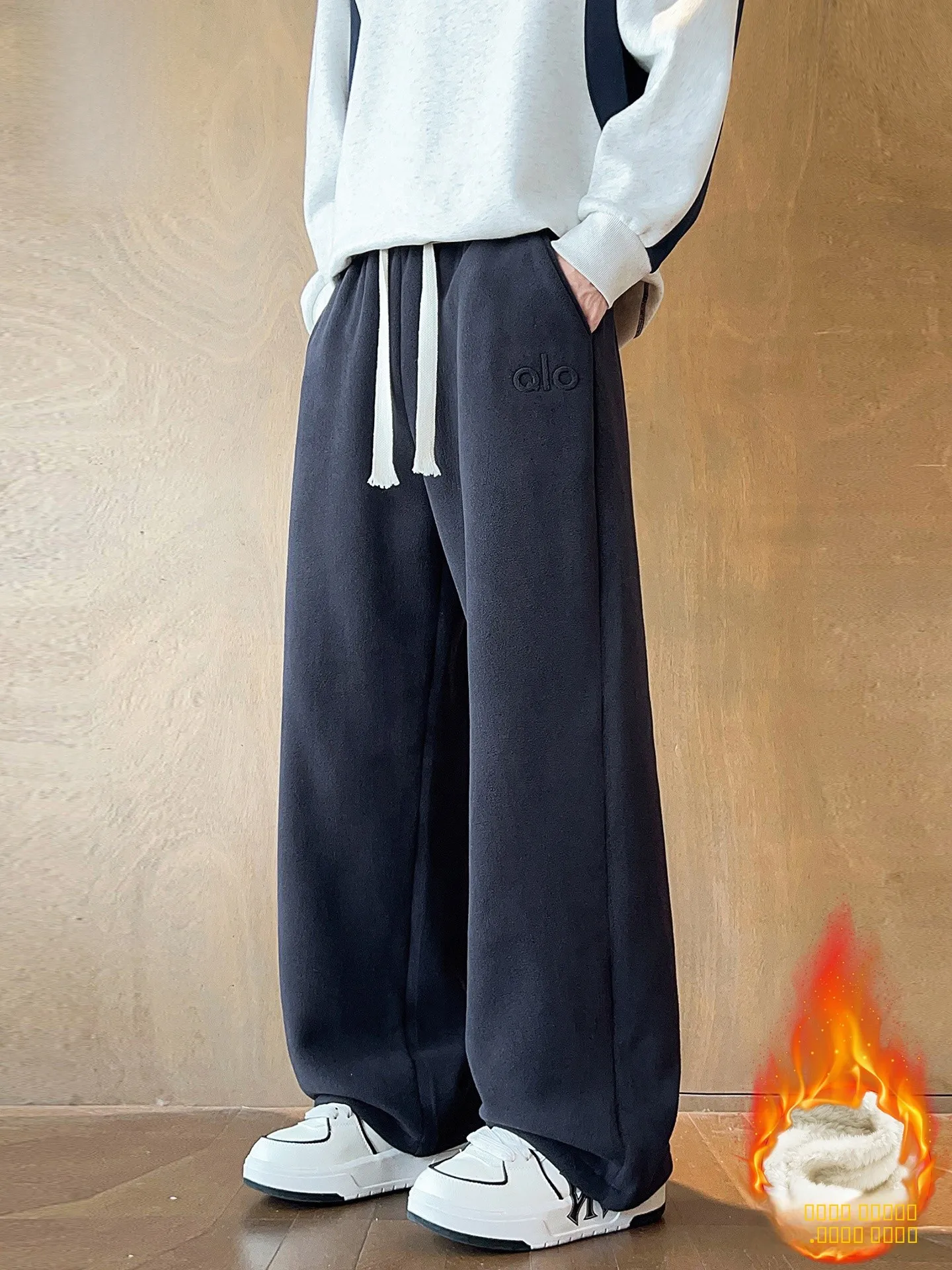 

Теплые брюки прямого кроя на флисовой подкладке с поясом, повседневные мужские брюки в японском стиле, осенне-зимние спортивные штаны свободного кроя