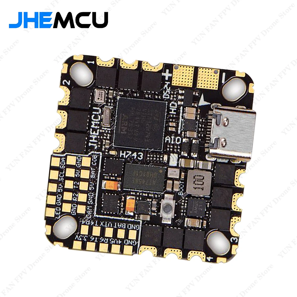 JHEMCU GH743AIO-HD Flight Controller ICM-42688-Px2 5V/2.5A BEC Baro OSD 128MB AM32 40A 3-6S 4in1 Brushless ESC for RC FPV Drone