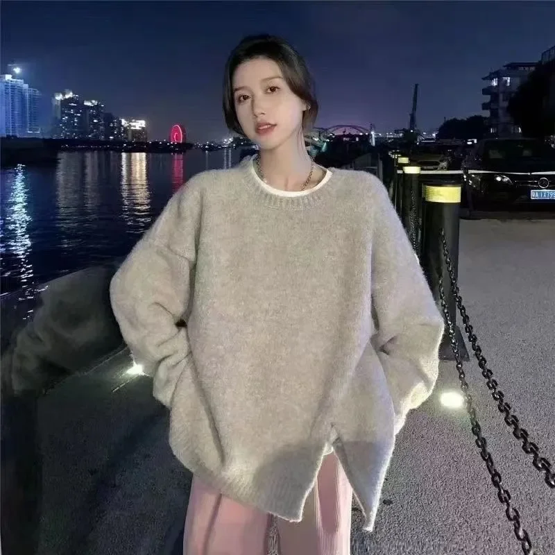 

Women Clothes Autumn Winter Fashion Korean All-match Fashionable Knitting Solid Color O-neck Women Lazy Wind Pullovers Sweater