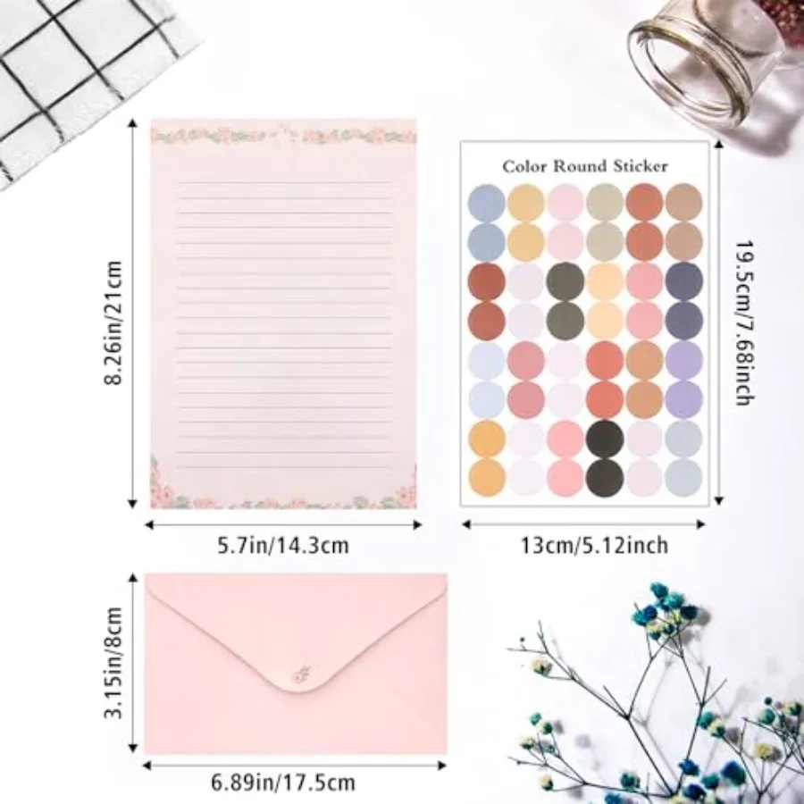 91 Pcs Stationery Paper Envelopes Set Inudes 60 Lined Writing Paper and 30 Envelopes with 48 Colorful Round Dot Stickers, Cute
