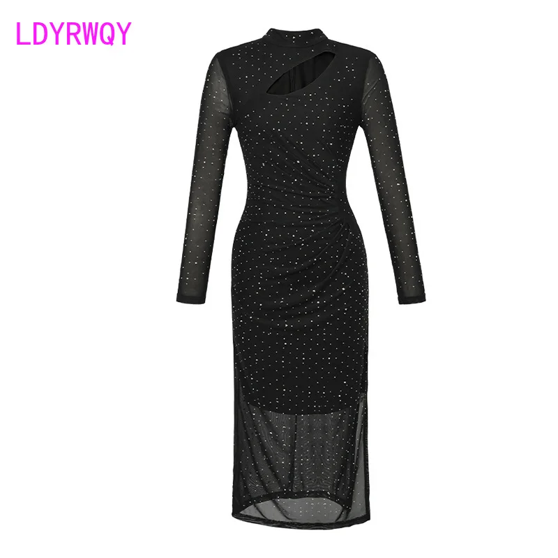 2023 Autumn New Women's Fashion French Sexy Hollow Sparkling Hot Diamond Slim Fit Split Long Sleeve Dress