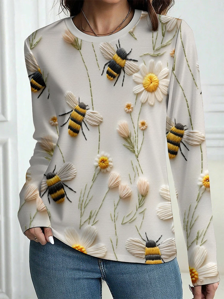 

Women's Fall T-Shirt Outdoor Casual Crew Neck Long Sleeve T-Shirt Animal Print Bee Pattern OverSize Women's Clothing