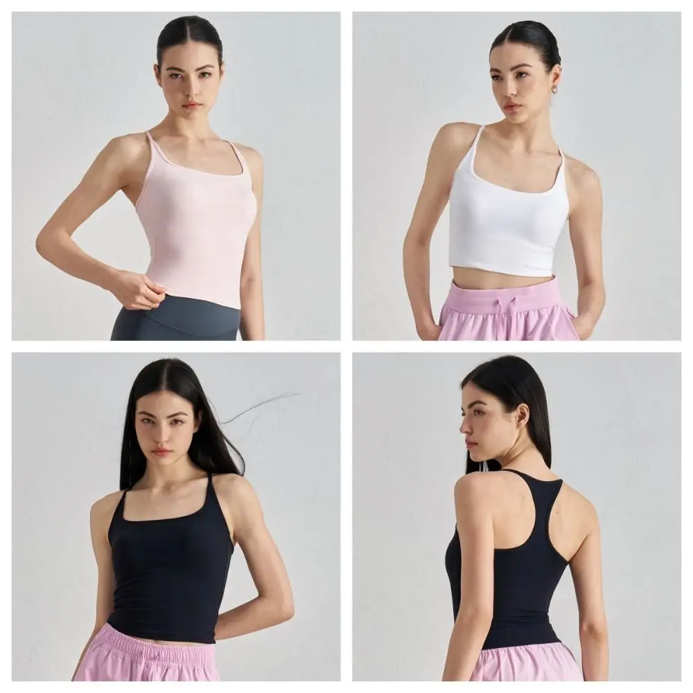 Damska sportowa koszulka bez rękawów, top na ramiączkach, odkryte ramiona, jednolity kolor, krótka, dopasowana koszulka do jogi, krótki top typu tank top.