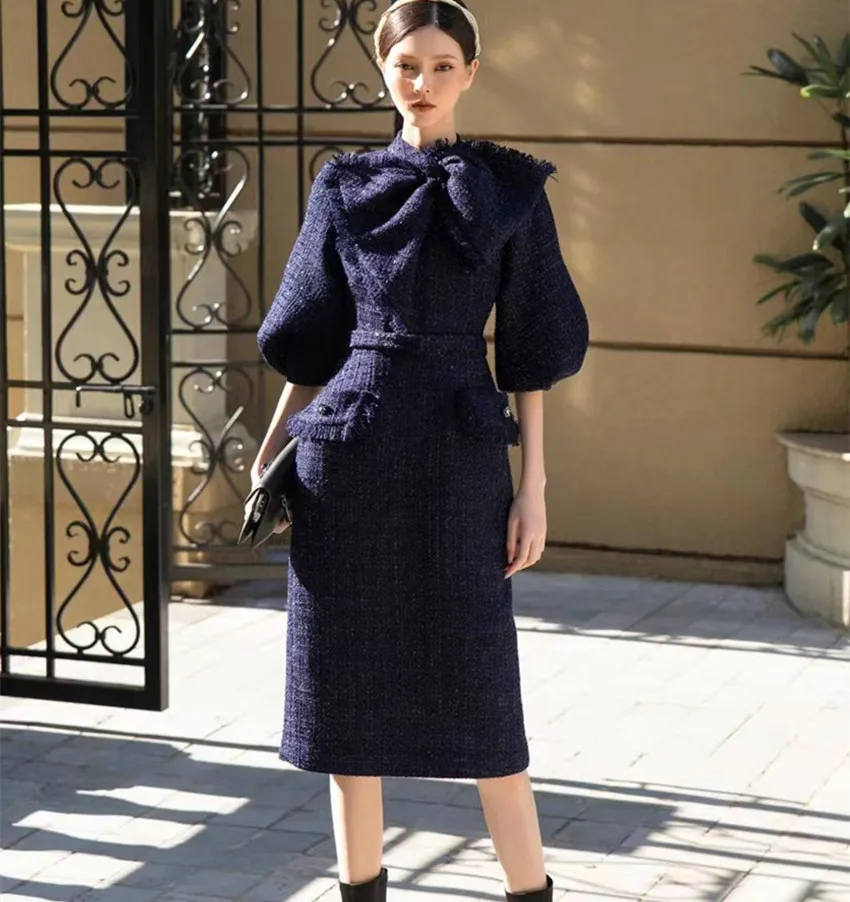 2024 New High Quality Women Bowknot Tweed Woolen Dress Autumn Winter Plaid Lantern Sleeve Ladies Office Midi Vestidos With Belt