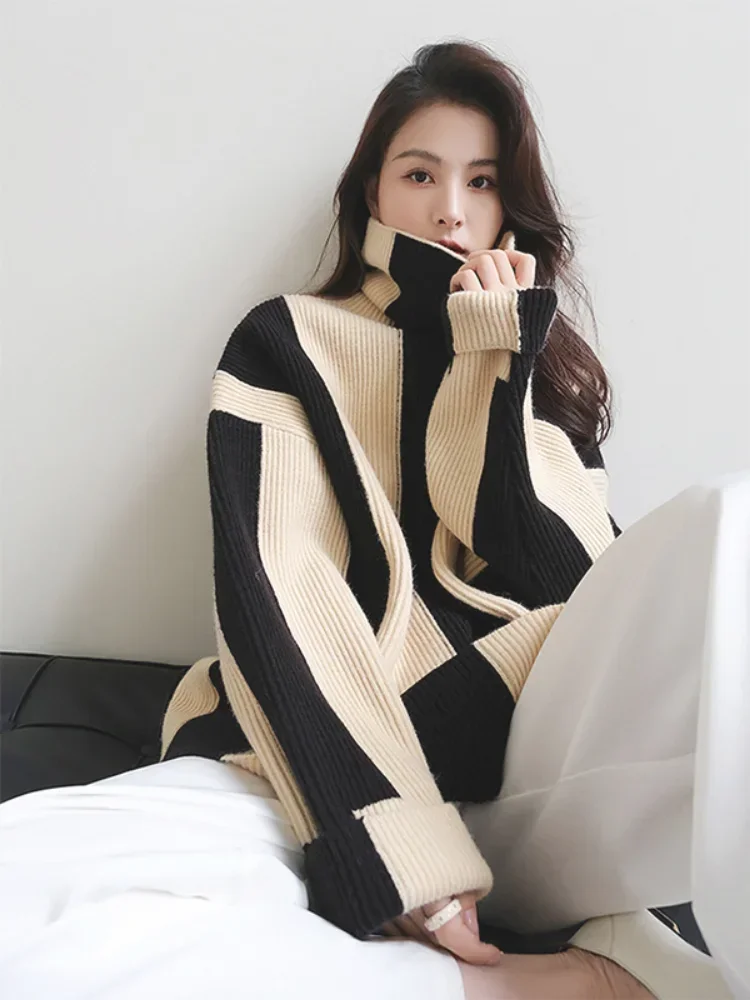 Female Sweater LOOSE Casual Stripe Knitted Women\'s Turtleneck Oversized Korean Fashion Thickening Warm Winter Women\'s Sweater