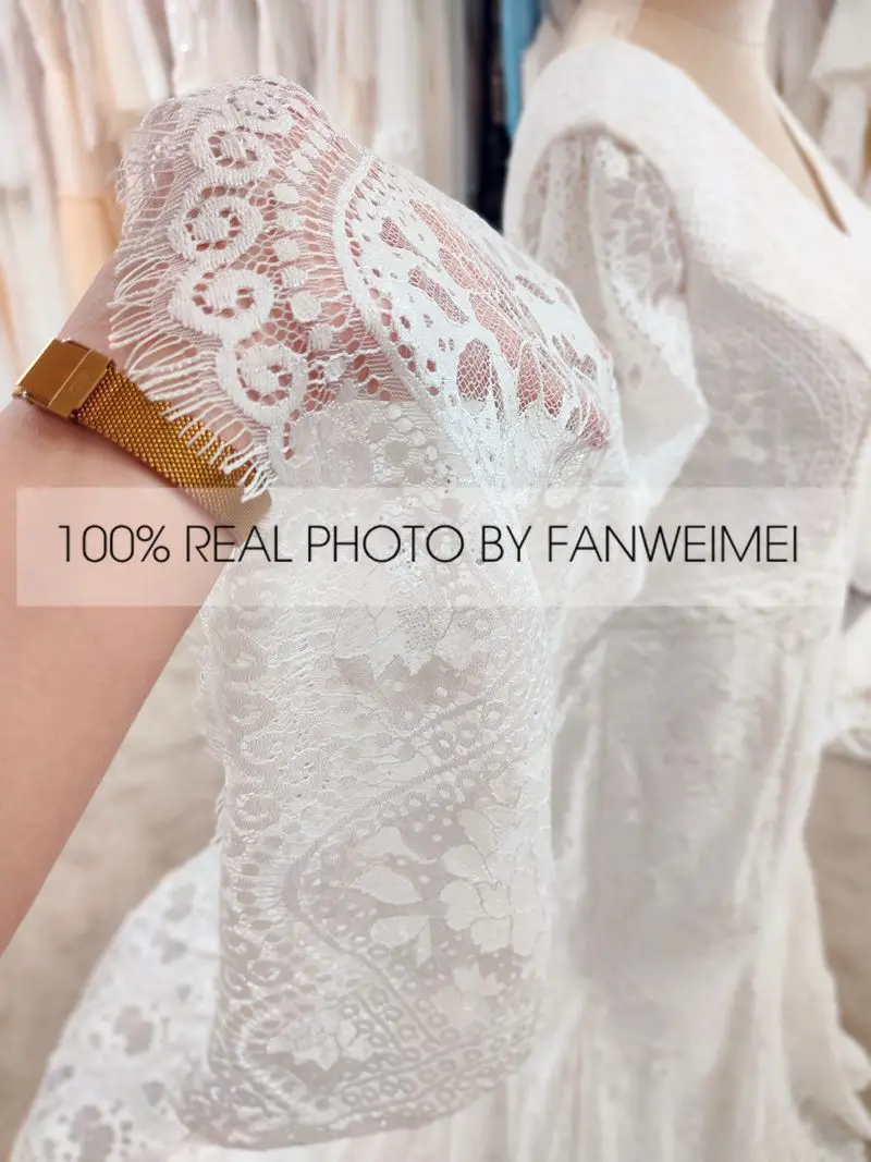 # 9094 fotos reales de FANWEIMEI sin espalda con cuello en V manga acampanada Boho vestido de encaje bohemio vestido de novia personalizado