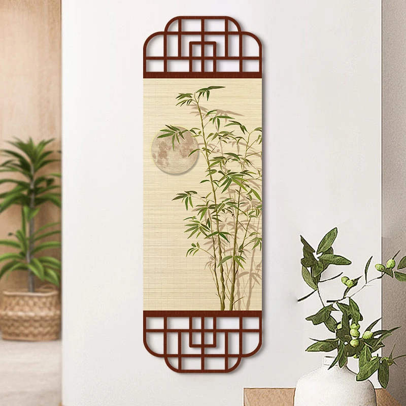 

Chinese style Zen Bamboo Moon Wall Art, Bamboo Weave Hanging Scroll Painting for Home Decor Entryway Living Room Tea Room Study