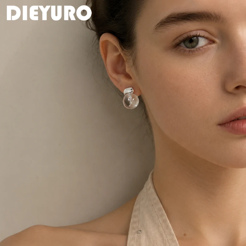 DIEYURO Popular Transparent Crystal Balls Stud Earrings For Women Fashion Ear Stud New Jewelry Party Valentine Lady Gift сережки