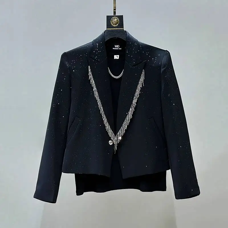 Men's Blazer Two-piece Tassel Starry Sky Gold Stamping Design Short Suit Fashion Casual Trousers Handsome Men Sets XSE45