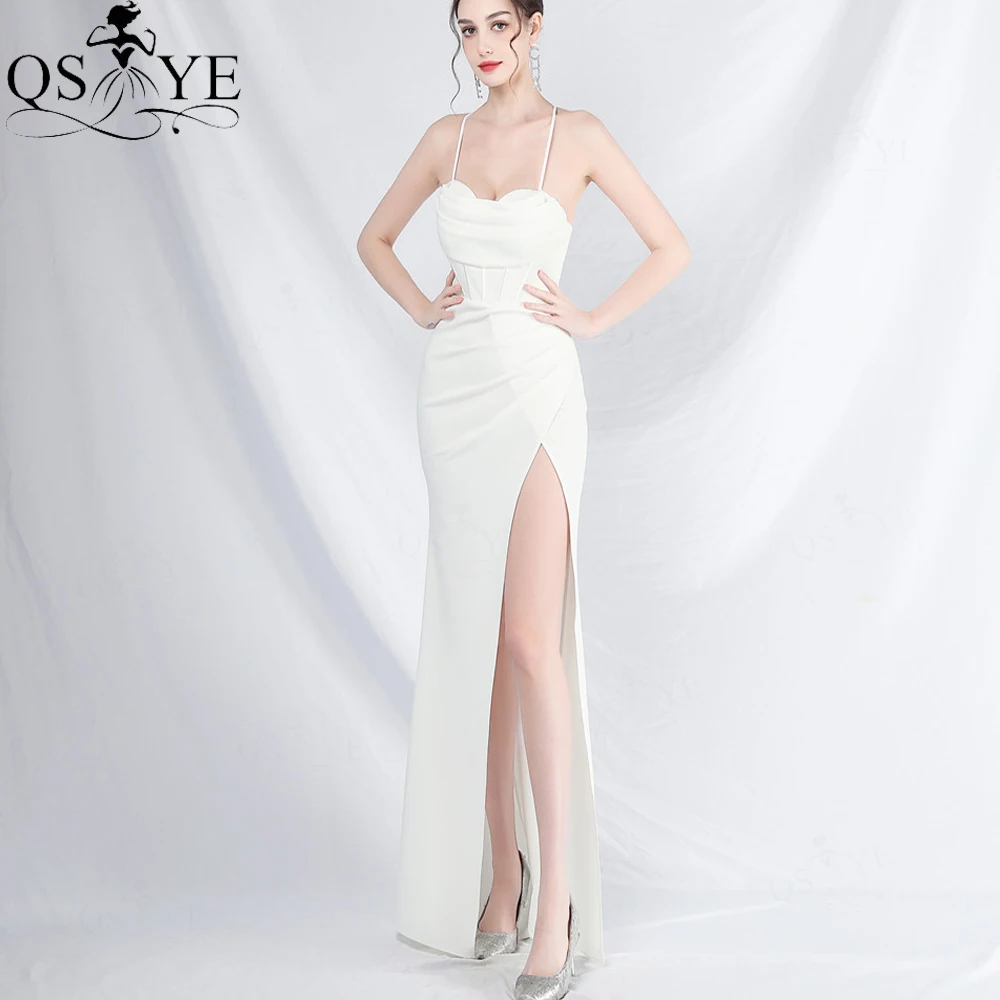 Cowl Neck White Wedding Dresses 2024 Mermaid with Slit Fit Prom Dress Ruched Bodice Boned Corset White Evening Dresses