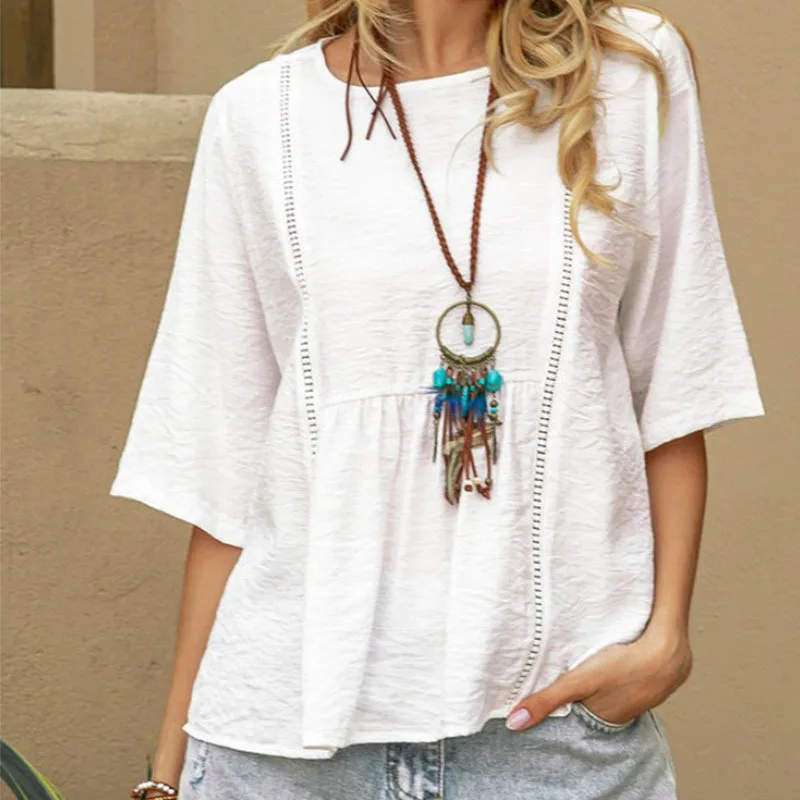 Women's Casual Summer Hollow Out  Cottot Linen Mid-Sleeve Shirt