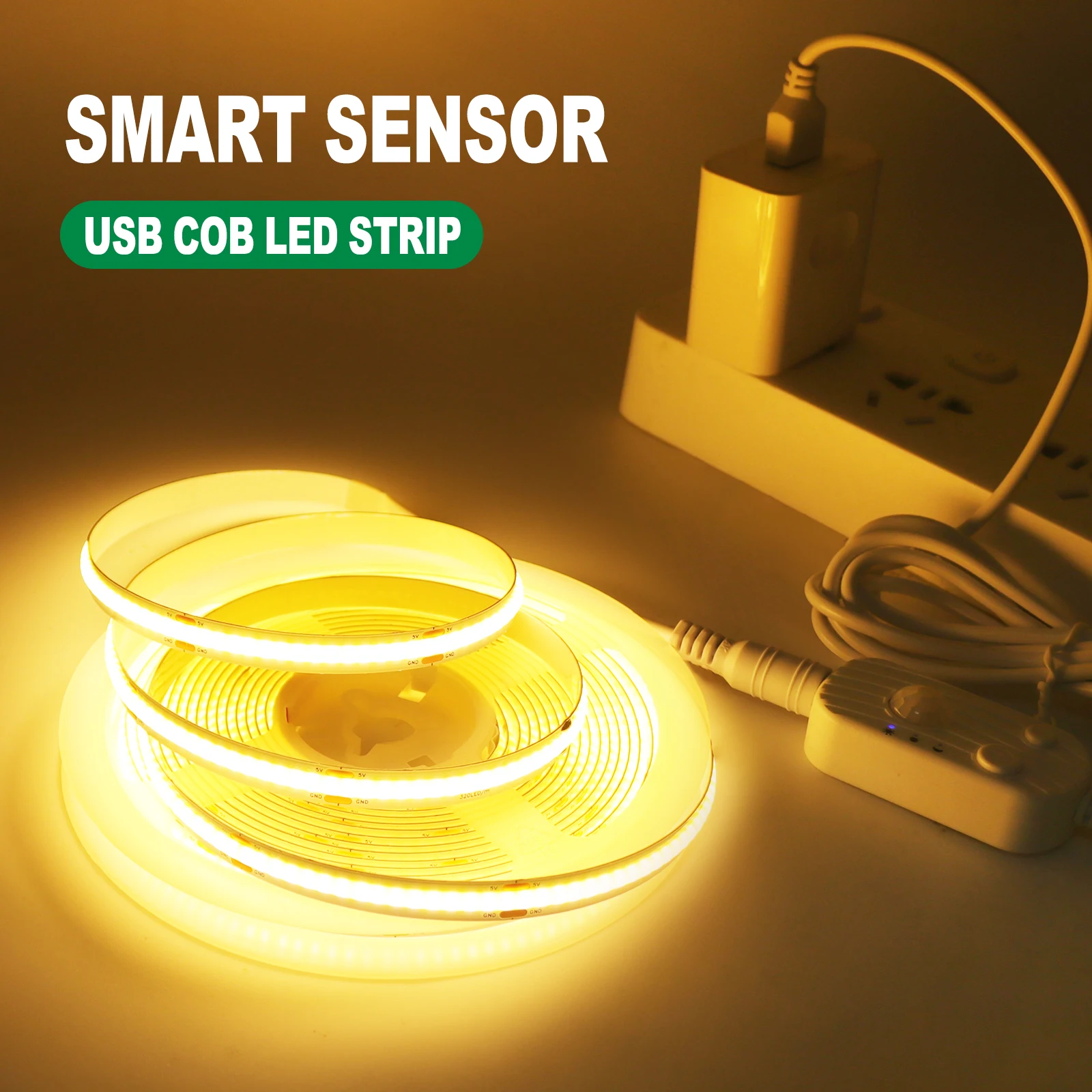 Motion Sensor LED Strip Light 5V USB Flexible COB Lights 4AAA Battery Density Linear Light 8MM 320LEDs Ribbon Rope for Backlight