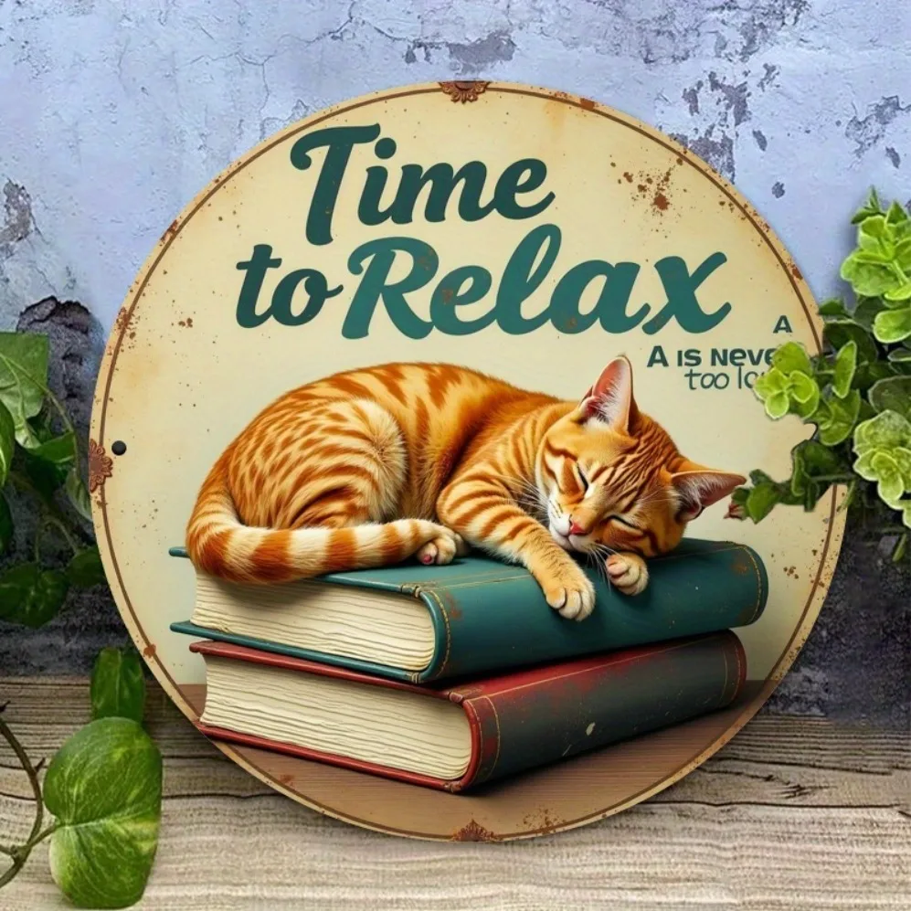 

2D Flat Vintage"Time to Relax" Metal Wall Art withSleeping Cat Print for Garden,Cafe or Gift Idea,Entryway Decor|Rustic Wall Art